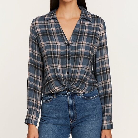 DREW Anthropologie Blue Plaid Cropped Button Down Shirt Size XS, Made in USA, Ca - Picture 1 of 9
